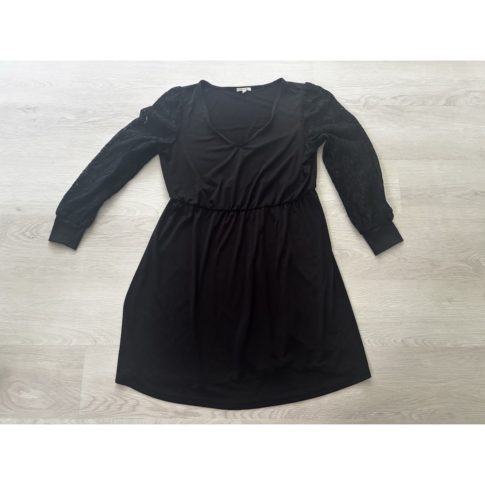 Maurices Black Lace Sleeve Dress Womens 0X Plus Size Ruched Knee Length Stretch